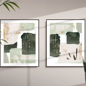 Green Abstract Wall Art, Green and Gold Watercolour Shapes Printable Wall Art Set of 2 Geometric Hallway Print, Living Room Wall Decor