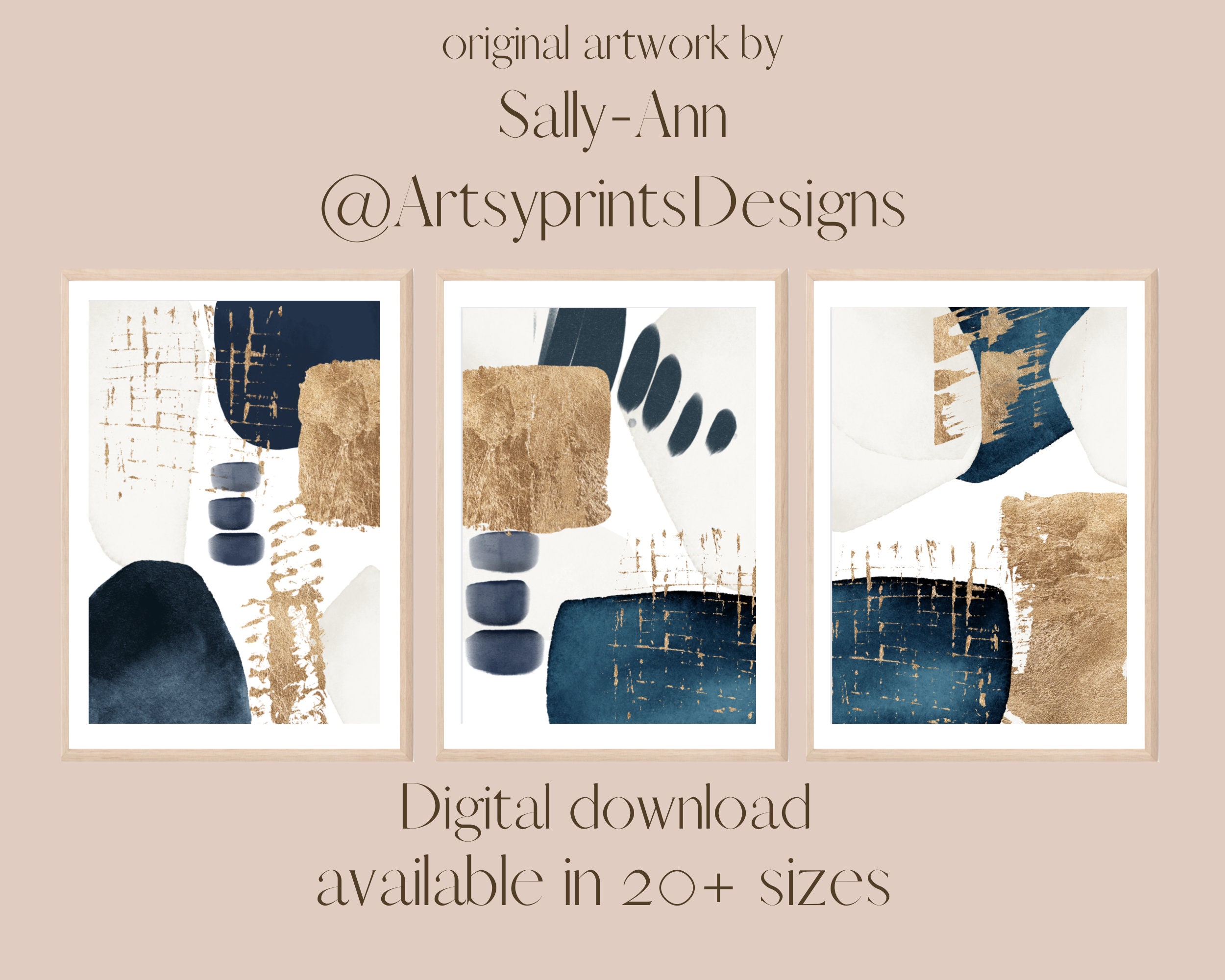 Set of 3 Navy Blue and Gold Wall Art Prints, Modern Geometric Abstract ...