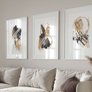Abstract Wall Art, Black and Gold Modern Nordic Print Set of 3 Geometric Hallway Print, Living Room Wall Decor
