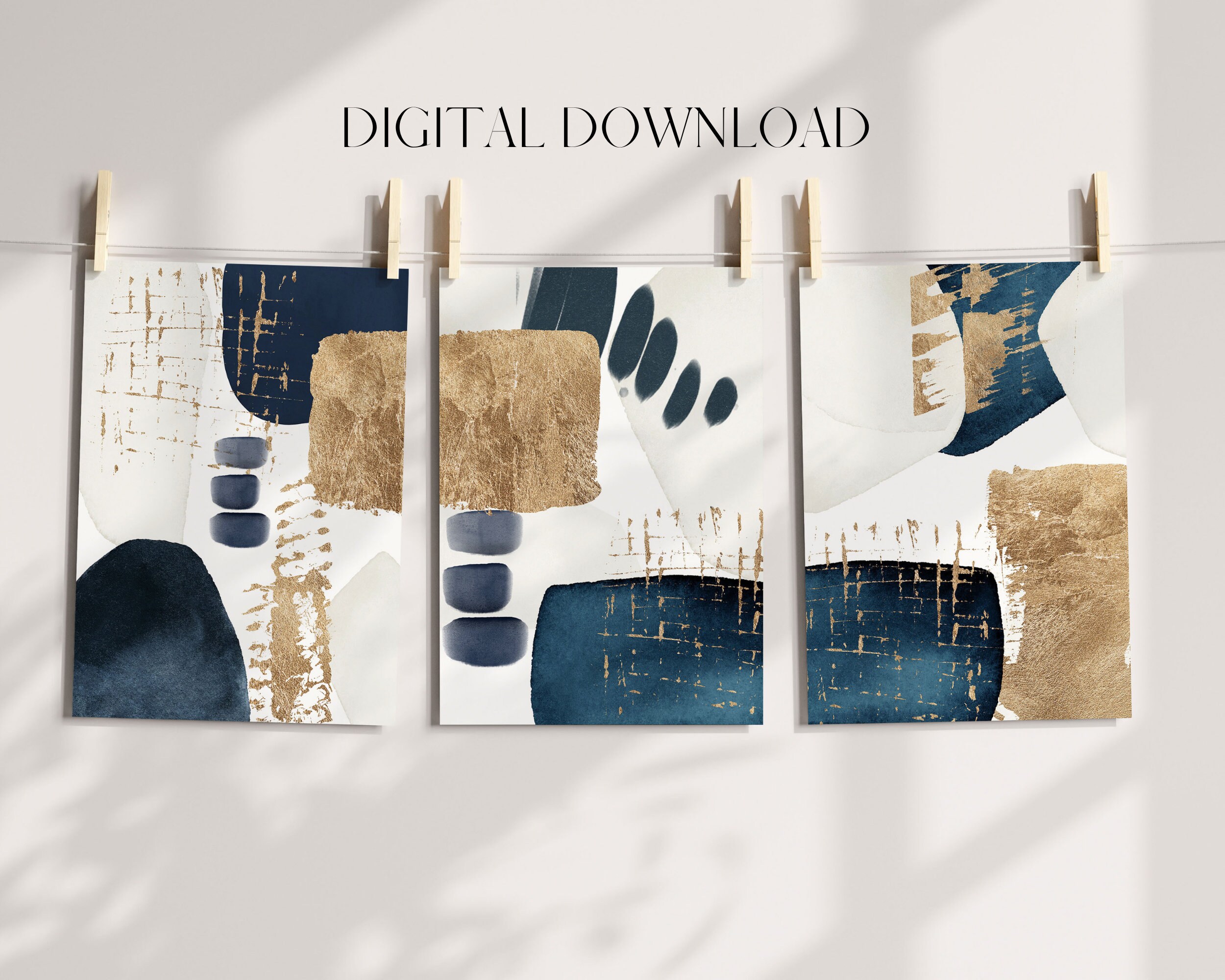 Set of 3 Navy Blue and Gold Wall Art Prints, Modern Geometric Abstract ...