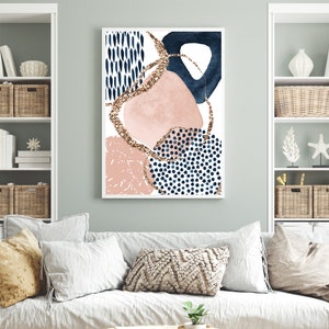 May include: Abstract art print with a white backdrop, navy blue, blush pink, and gold glitter details. The design incorporates dotted and textured patterns, offering a modern and stylish look. The artwork is framed with a white border.