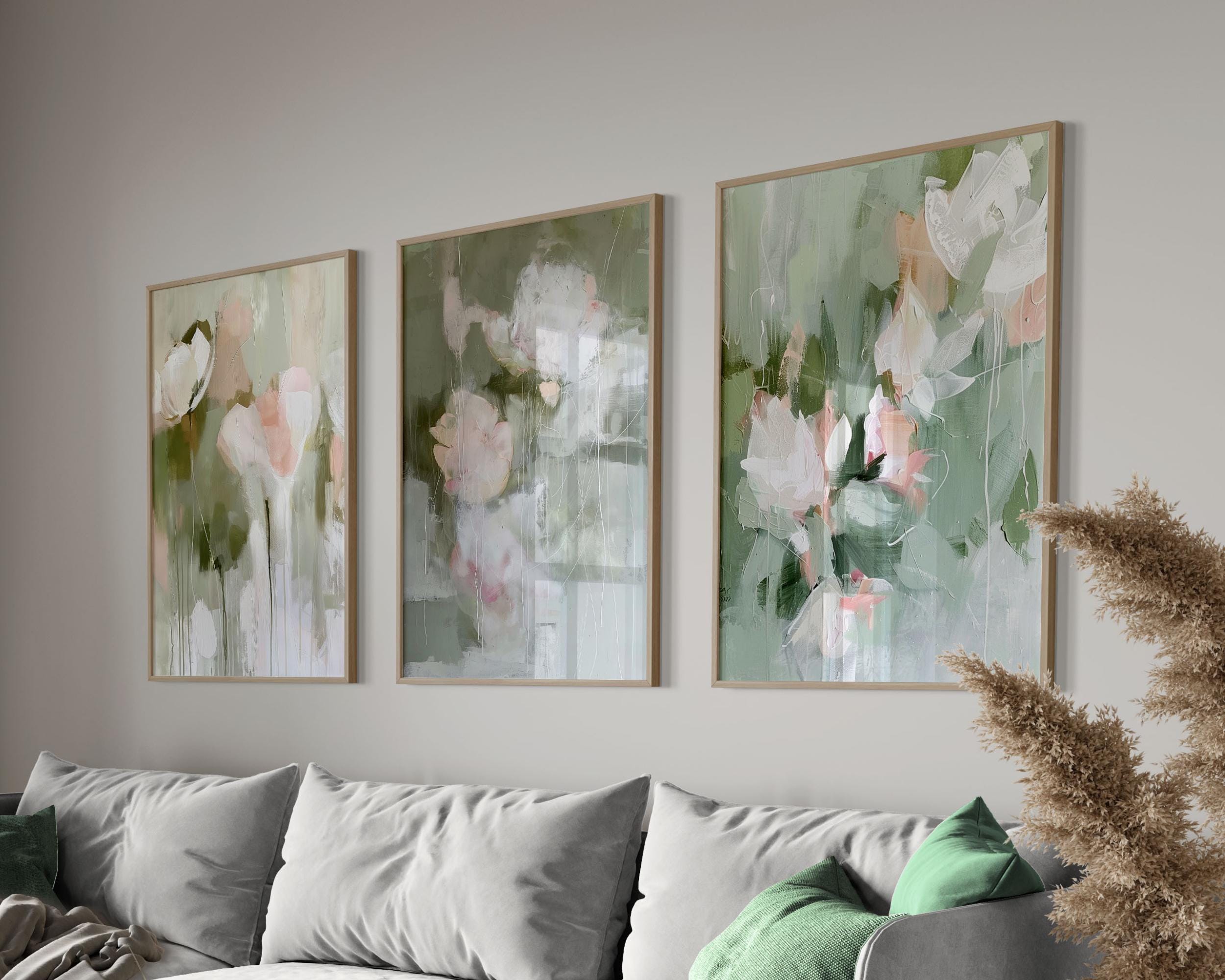 Blush Pink Floral Abstract Wall Art Print, Sage Green Botanical ...