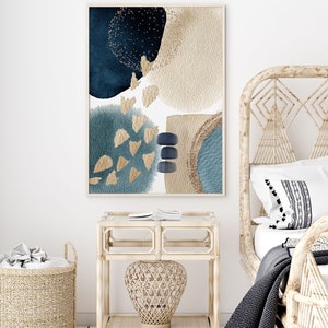 Set of 3 Navy Blue and Gold Wall Art Prints, Modern Abstract Printable ...