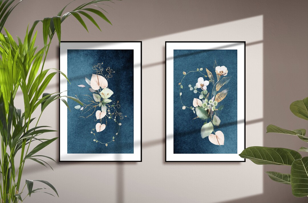 Abstract Wall Art, Blue Botanical Print Set of 2, Navy Blue Floral Wall ...
