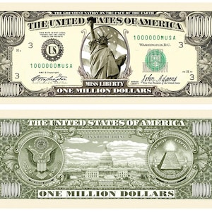 May include: A novelty one million dollar bill with a cream-colored background. The front features the Statue of Liberty and the text "Miss Liberty" and "One Million Dollars." The back shows the U.S. Capitol building and a pyramid.