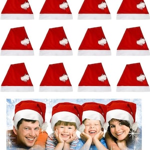May include: A set of 10 red and white Santa hats with white pom-poms. The hats are arranged in three rows of three, with one hat in the bottom row. A family of four is wearing the hats in the bottom of the image.