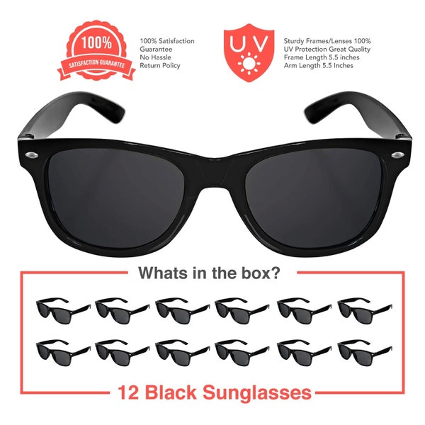 Black Sunglasses (12 Pack) -Weddings, Parties, Schools, Bachelor Party/Bachelorette, Favors Bulk Pack For Groomsmen Bridesmaids Guests