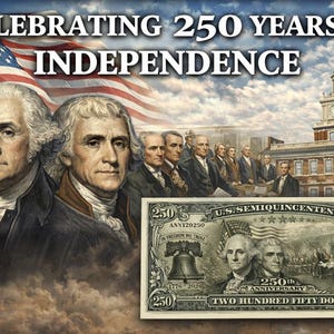 May include: Image celebrating 250 years of independence, featuring portraits of historical figures, the American flag, and a depiction of a $250 bill. The text reads "Celebrating 250 Years of Independence."