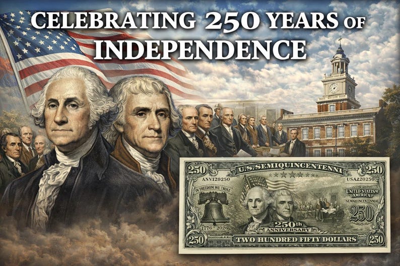 May include: Image celebrating 250 years of independence, featuring portraits of historical figures, the American flag, and a depiction of a $250 bill. The text reads "Celebrating 250 Years of Independence."