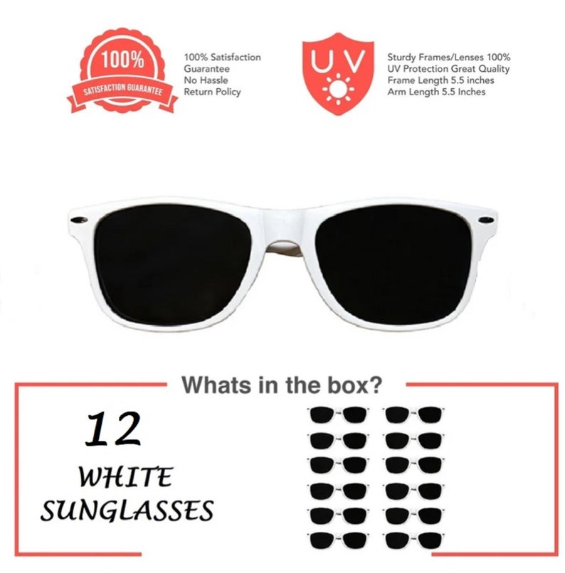 White Sunglasses 12 Pack Wedding, Parties, Schools, Bachelor/Bachelorette, Favors Bulk Pack For Groomsmen Bridesmaids Guests image 2