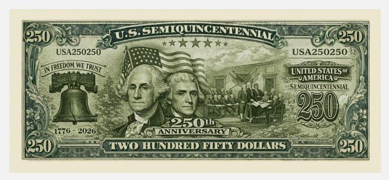 May include: A commemorative $250 bill featuring portraits of George Washington and Thomas Jefferson, the American flag, and the Liberty Bell. The bill commemorates the 250th anniversary of the United States, with text reading "U.S. Semiquincentennial."