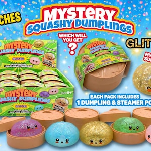 May include: A Mystery Squashy Dumplings toy set featuring 4-inch glittery, squishy dumpling figures with smiling faces, each housed in a small tan plastic steamer pot. The packaging displays the product name and includes multiple individual units.