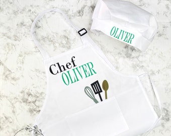 Toddler Chef Apron & Chef Hat, Personalized, Child/ Kid Custom Cooking Apron, Gift for Little Boy/ Girl, Play Kitchen Accessories