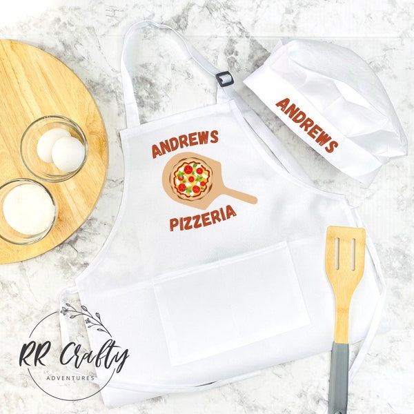 Pizzeria Chef Apron & Hat for Kids, Personalized, Child/ Toddler Custom Cooking Apron, Gift for Little Boy/ Girl, Pizza Kitchen Costume