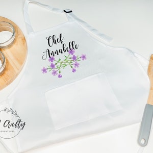 Kids Chef Apron with Purple Flowers, Personalized, Child/ Toddler Custom Cooking Apron, Gift for Little Girl, Baking, Kitchen Costume