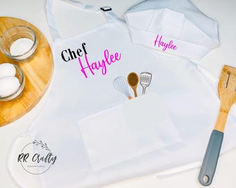 Toddler Chef Apron & Chef Hat, Personalized, Child/ Kid Custom Cooking Apron, Gift for Little Boy/ Girl, Play Kitchen Accessories