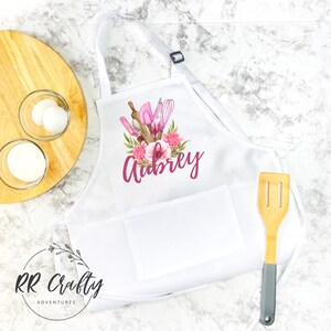 Kids Chef Apron with Pink Florals and Baking Utensils, Personalized, Child/ Toddler Custom Cooking Apron, Gift for Little Girl