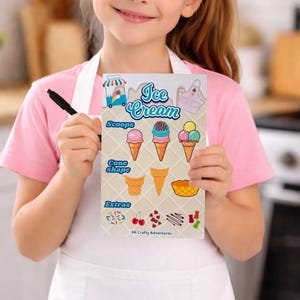 May include: A colorful ice cream-themed illustration featuring various scoops, cone shapes, and extras. The design includes a cart, apron, and text that reads "Ice Cream", "Scoops", "Cone Shape", and "Extras". The illustration is held by a person wearing a pink shirt and white apron.