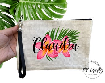 Bolsa de maquillaje personalizada, flores hawaianas, regalo de dama de honor, kit de supervivencia nupcial, bolsa de cosméticos, regalo para ella, regalo para mamá, bolsa de lápiz