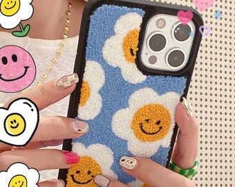 Coque d'iPhone à fourrure florale tournesol broderie pour iPhone iX / i11 / i12 / i13 / i14