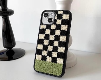 Black, Cream White & Matcha Green Squared Embroidery Checker Stitch For iPhone iX / i11 /i12 / i13 Furry Iphone case