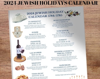 2024 Jewish Holiday Calendar | Hebrew Calendar 5784 5785 | Rosh Hashanah | Hanukkah | Chanukah | Shabbat | Passover | Purim | Judaism Gift