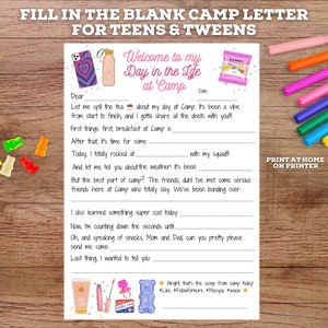 DITL Day in the Life Fill In The Blank Camp Letter, Camp Note Printable, Summer Camp Stationery, Kids Sleepover Camp Notes, Gift For Camper
