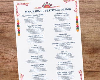 Può includere: Un foglio decorativo con il testo "MAJOR HINDU FESTIVALS IN 2026" e un elenco di festival indù con date. La carta ha uno sfondo bianco con disegni floreali e geometrici colorati.