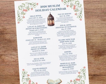 May include: A printed 2026 Muslim Holiday Calendar with floral border designs. The calendar includes dates for Isra & Mi'raj, Laylat al-Bara'ah, Ramadan, Laylat al-Qadr, Eid al-Fitr, Hajj Pilgrimage, Day of Arafah, Eid al-Adha, Islamic New Year, Ashura, and Mawlid al-Nabi.