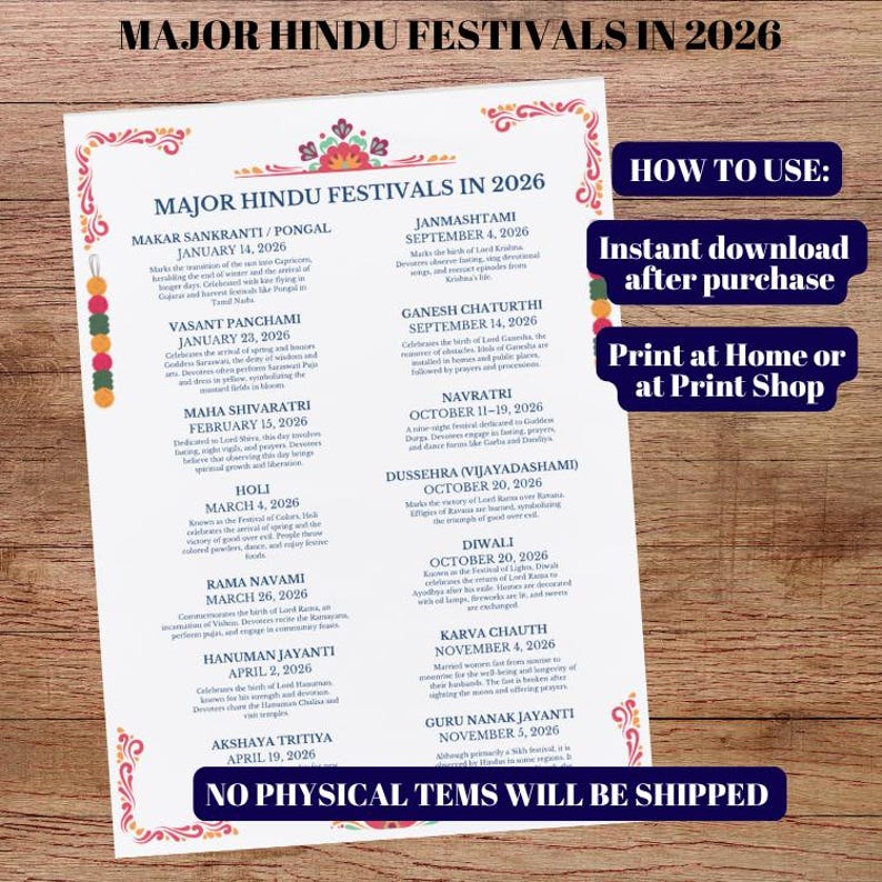 2026 Hindu Holiday Calendar | Indian Festival Planner | Diwali, Holi ...