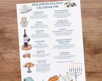 May include: A 2026 Jewish Holidays Calendar 5786, featuring illustrations of traditional symbols like a Star of David, a menorah, and a Torah scroll. The calendar lists holidays such as Passover, Rosh Hashanah, and Hanukkah.