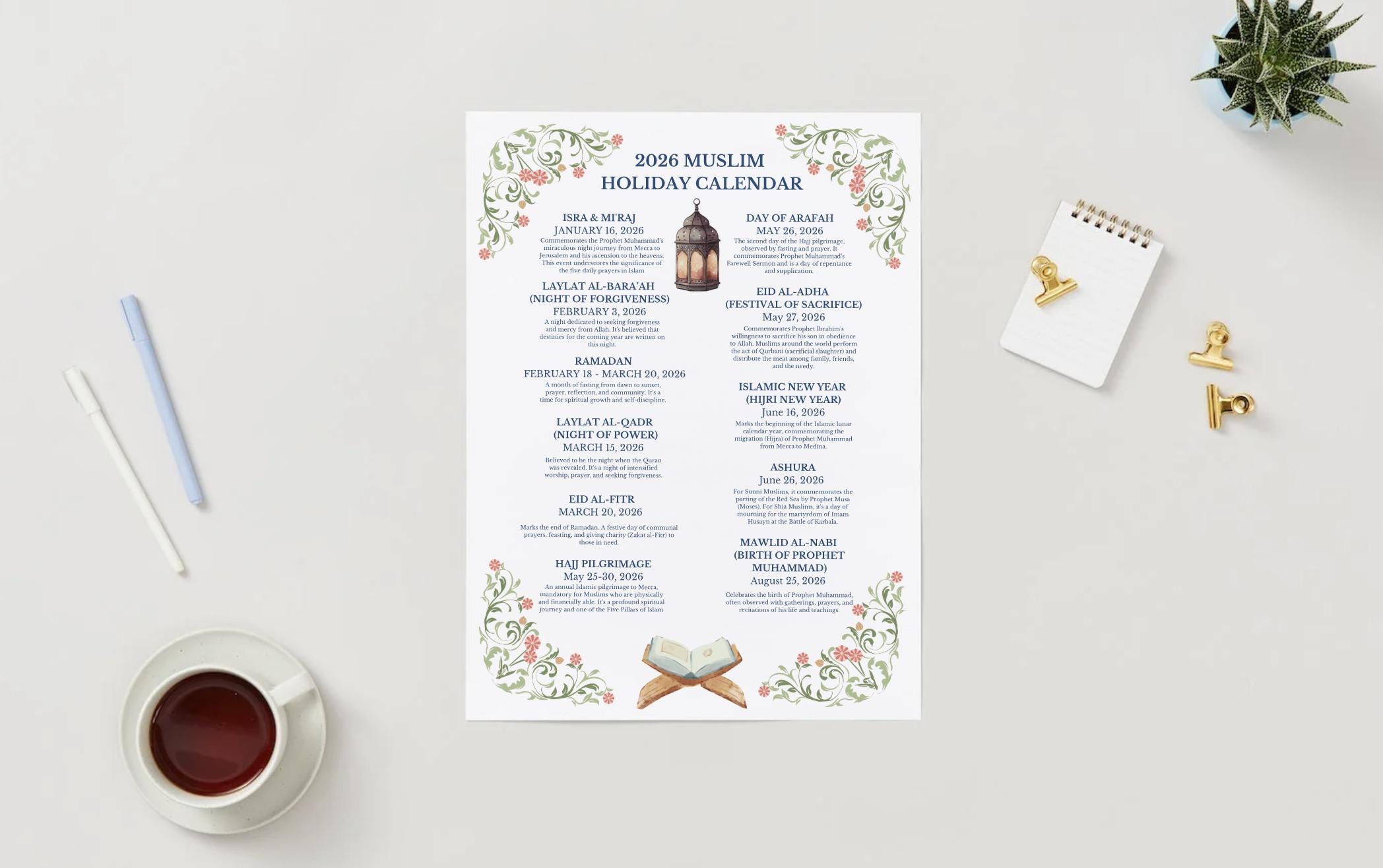 2026 Muslim Holiday Calendar: Islamic Lunar Dates 1447/1448 (digital  Download) - Etsy
