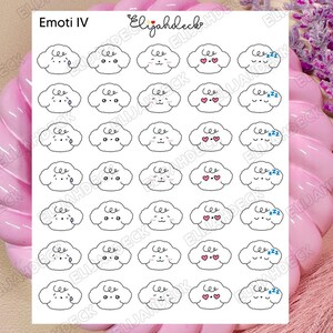 May include: A sheet of stickers featuring 20 different cloud-shaped illustrations with various facial expressions, including hearts, sleepy eyes, and closed eyes. The text "Emoti IV" is printed at the top of the sheet.
