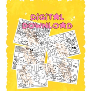 Op de afbeelding: Een digitale download van vier zwart-wit kleurplaten met schattige cartoonberen in verschillende omgevingen, waaronder een pizzeria, een strand, een badkamer en een keuken. De tekst "DIGITALE DOWNLOAD" is geschreven in roze met sterren op een gele achtergrond.