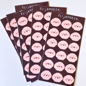 May include: A set of four sheets of stickers featuring pink poodle illustrations with different facial expressions. Each sheet has the text "Elijahdeck" printed in black at the top.