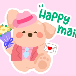 Puede incluir: Una pegatina con un oso de dibujos animados con sombrero y traje rosa, sosteniendo un ramo de flores y un sobre con un corazón. Las palabras "Happy mail" están en verde.