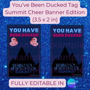 May include: Two printable 3.5 x 2 inch cheer banner tags with a blue background and white stars. The text on the tags reads "You Have Been Ducked" with a pink rubber ducky graphic. The text "Wishing You The Best Of Luck Summit" is also on the tags.