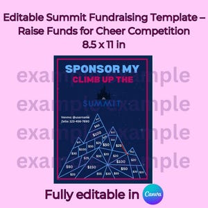 May include: A blue and black fundraising poster with a mountain graphic. The text reads "Sponsor My Climb Up The Summit". There are dollar amounts listed on the mountain graphic. The poster is 8.5 x 11 inches.