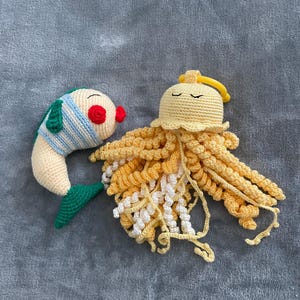 Yellow Toy Fish in striped sweater & Jellyfish Rattle-Cute Amigurumi Toys. Handmade Crochet Baby Toy Set. Baby gift. Perfect for babies.