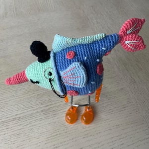 Handmade Crochet Sawfish Toy: Quirky Ocean Creature with Monocle & Hat