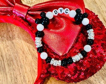 DVC black and white (jade like) Bracelet with Mickey beads/Disney Vacation Club beaded charm stretch bracelets/DVC bracelet; DVC gift