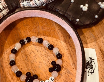 DVC black and pink (jade like) Bracelet with Mickey beads/Disney Vacation Club beaded charm stretch bracelets/DVC bracelet; DVC gift