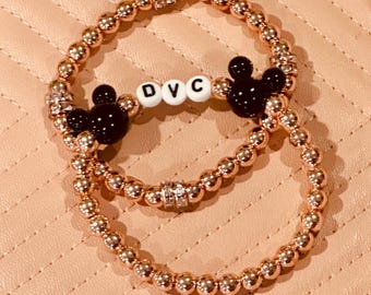 DVC Rose Gold Bracelet Stack set of 2/Disney Vacation Club beaded charm stretch bracelets/DVC rose gold bracelets with Mickey