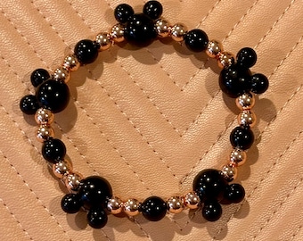 Mickey Rose Gold Bracelet; Mickey beaded charm stretch bracelet; rose gold bracelet with Mickey