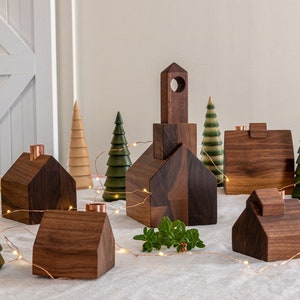 Modern Christmas Village- Copper Candlestick Holder- Little Wooden Houses- Christmas Candle Holder Set