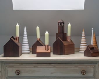 Modern Christmas Village- Wooden Holiday Village Set- Copper Candlestick Holder- Little Wooden Houses- Christmas Candle Holder Set