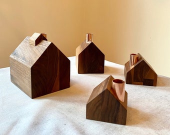 Modern Wooden Centerpiece in warm walnut- four candleholders that are conversation pieces