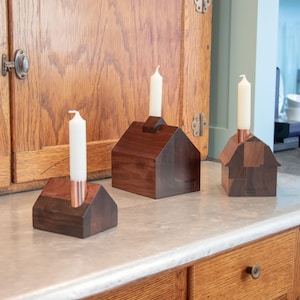 Wooden Farmhouse Candlestick Holder Set: Vermont Upcycled Walnut Barns