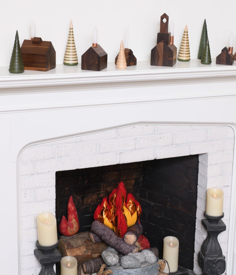 Modern Christmas Village Copper Candlestick Holder Little Wooden Houses Christmas Candle Holder Set image 3