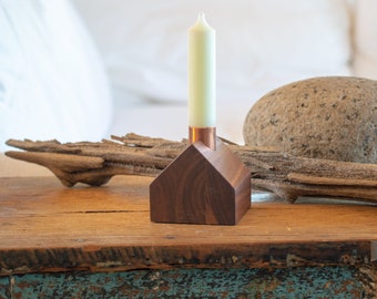 Cape Cod Cottage Little Wooden House Candlestick Holder in Upcycled Walnut